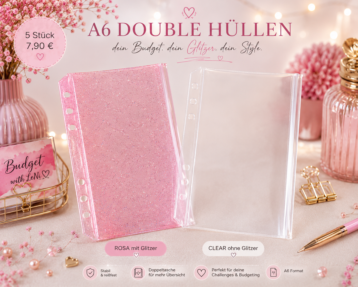 A6 Double Hüllen – Rosa Glitzer & Clear ✨