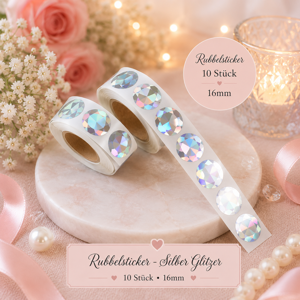 Rubbelsticker 16mm – Silber Glitzer (10 Stück)