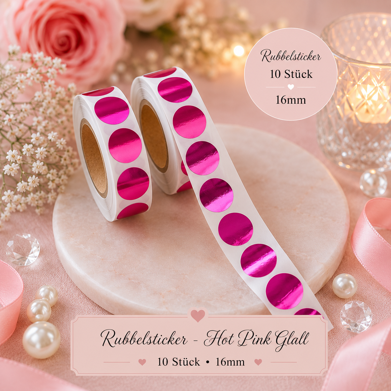 Rubbelsticker 16mm – Hot Pink Glatt (10 Stück)