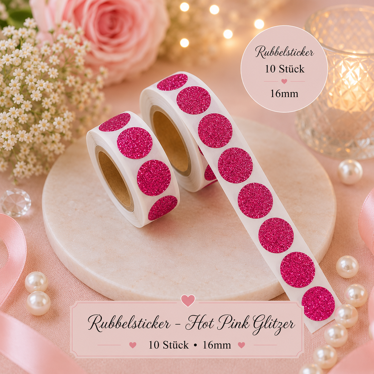 Rubbelsticker 16mm – Hot Pink Glitzer (10 Stück)