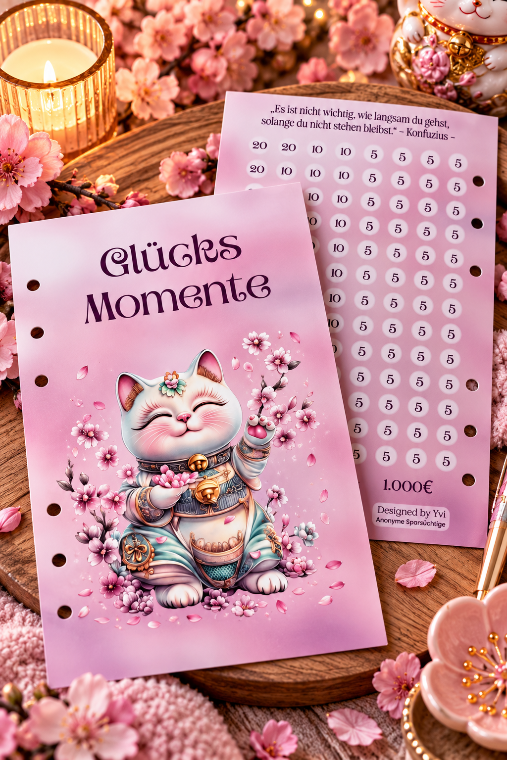 🌸 Glücksmomente – A6 Deckblatt mit 1.000 € Sparplan 🍀💕